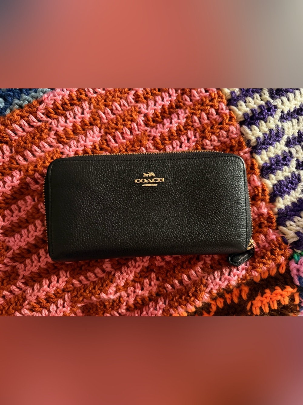 Coach Black Pebbled Leather Zip Card Holder with Gold Logo